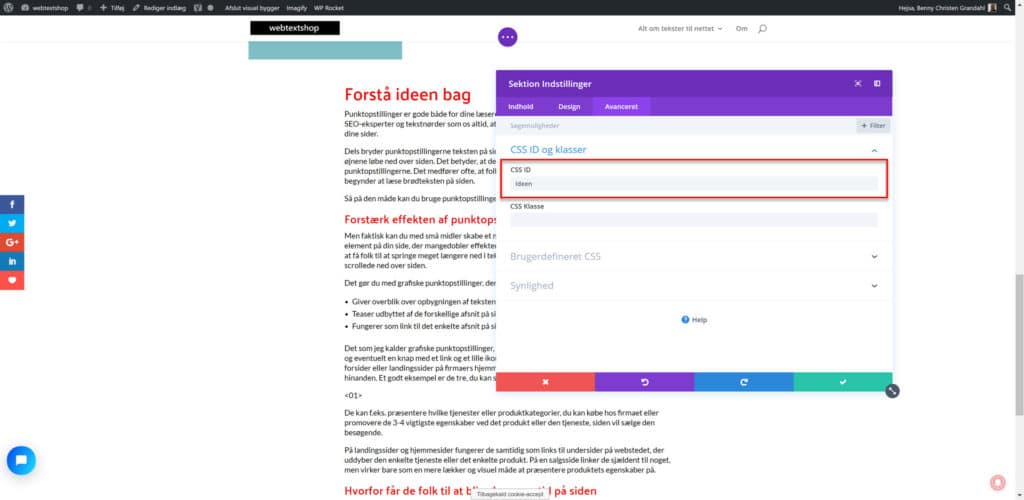 Hver sektion skal fungere som bogmærke for det link, der peger ned på sektionen fra hvert punkt i punktopstillingen.