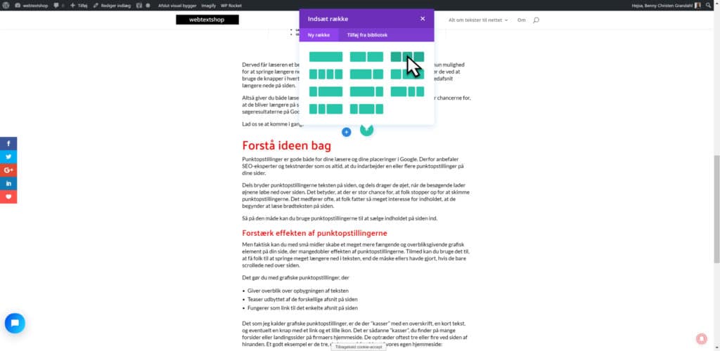 I den sektion hvor du vil have punktopstillingen, indsætter du en ny række på siden. 