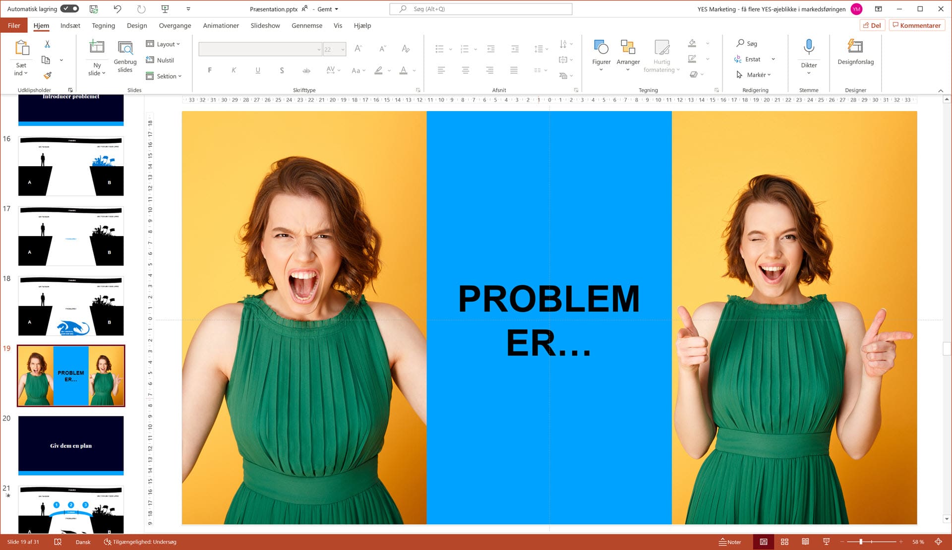 Tredeling af slidet gør det muligt at præsentere udgangspunkt, det forjættede land og det problem, som adskiller dem på et og samme slide.